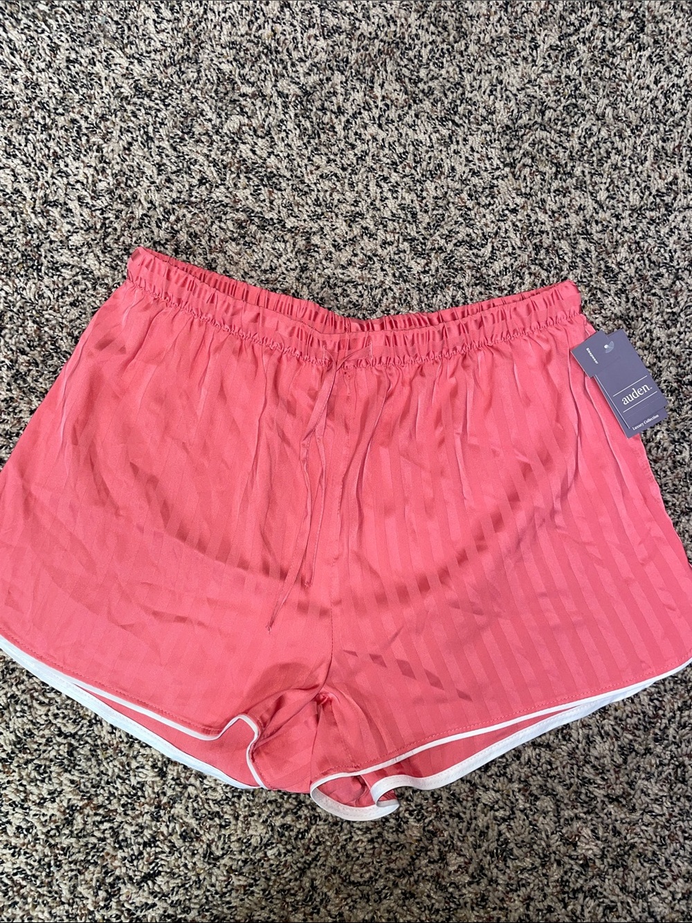 Auden Satin Coral Pink Stripe Lounge Sleep Shorts with White Trim Small NWT